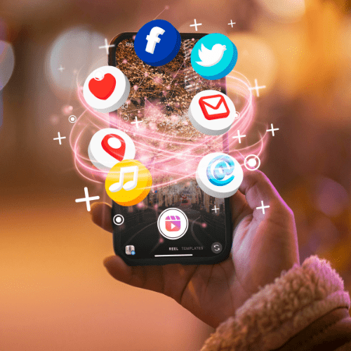 hand holding phone with social media icons